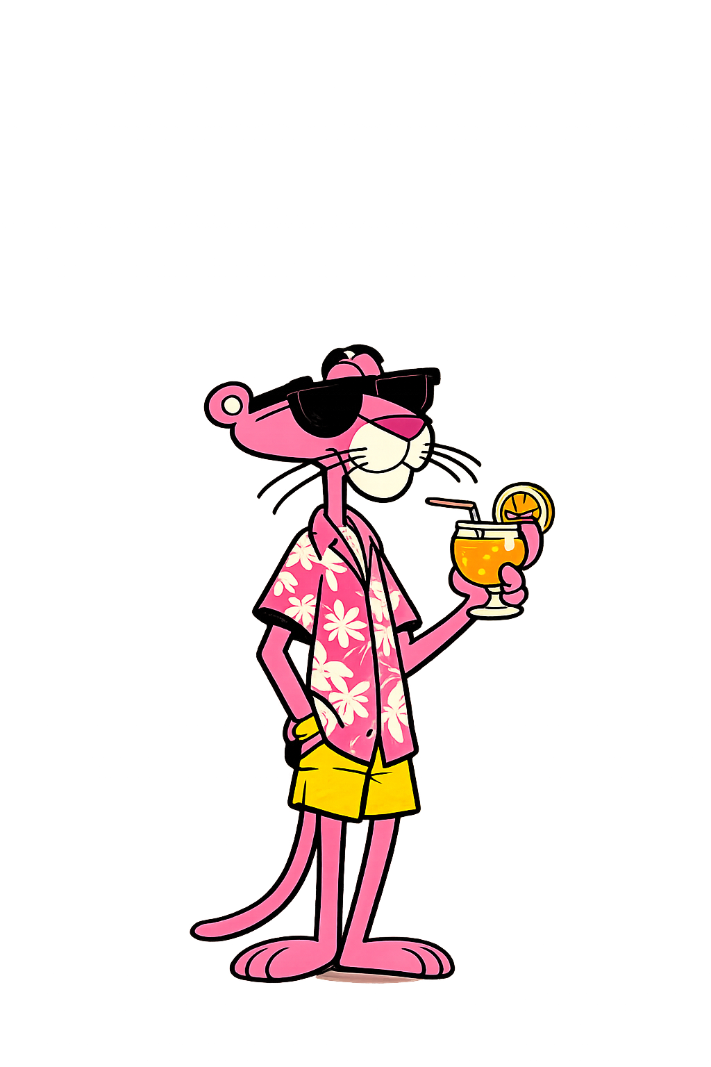 The Pink Panther in a Hawaiian shirt sipping a drink